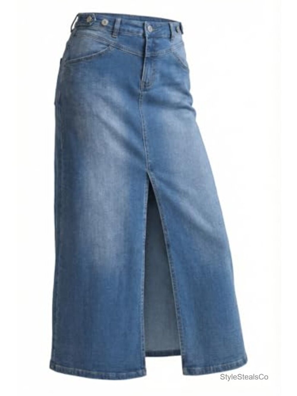 Cotton Blend Adjustable Waist Jean Skirt with Front Slit